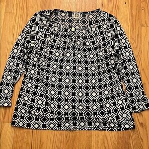 Anne Klein Navy and White Graphic 3/4 Sleeve Blouse